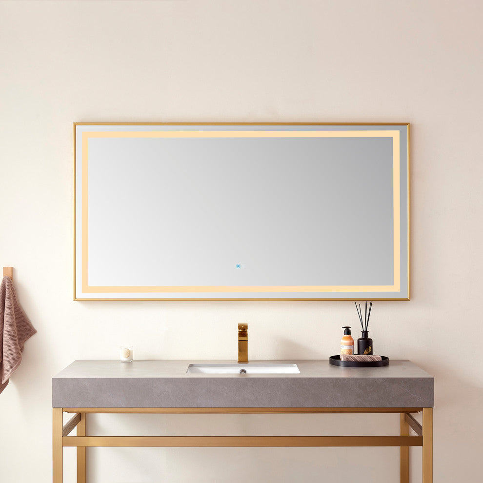 Horizontal Rectangular LED Wall Mount Bathroom Mirror, Gold, 60"