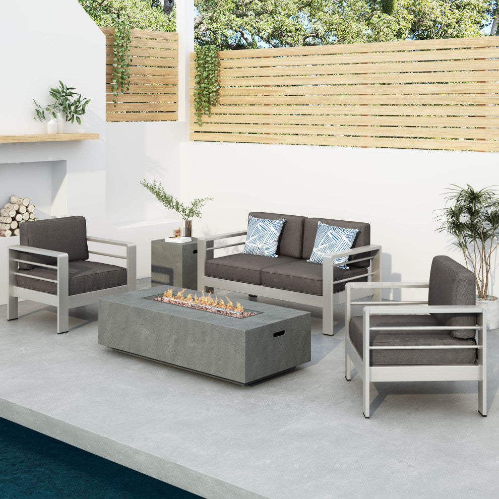 Coral Bay Outdoor Aluminum Khaki Chat Set With Fire Table, Light Gray