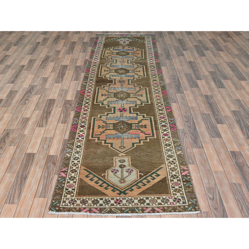 Hazelnut Brown Vintage Northwest Persian Hand Knotted Pure Wool Rug, 3'3"x12'10"