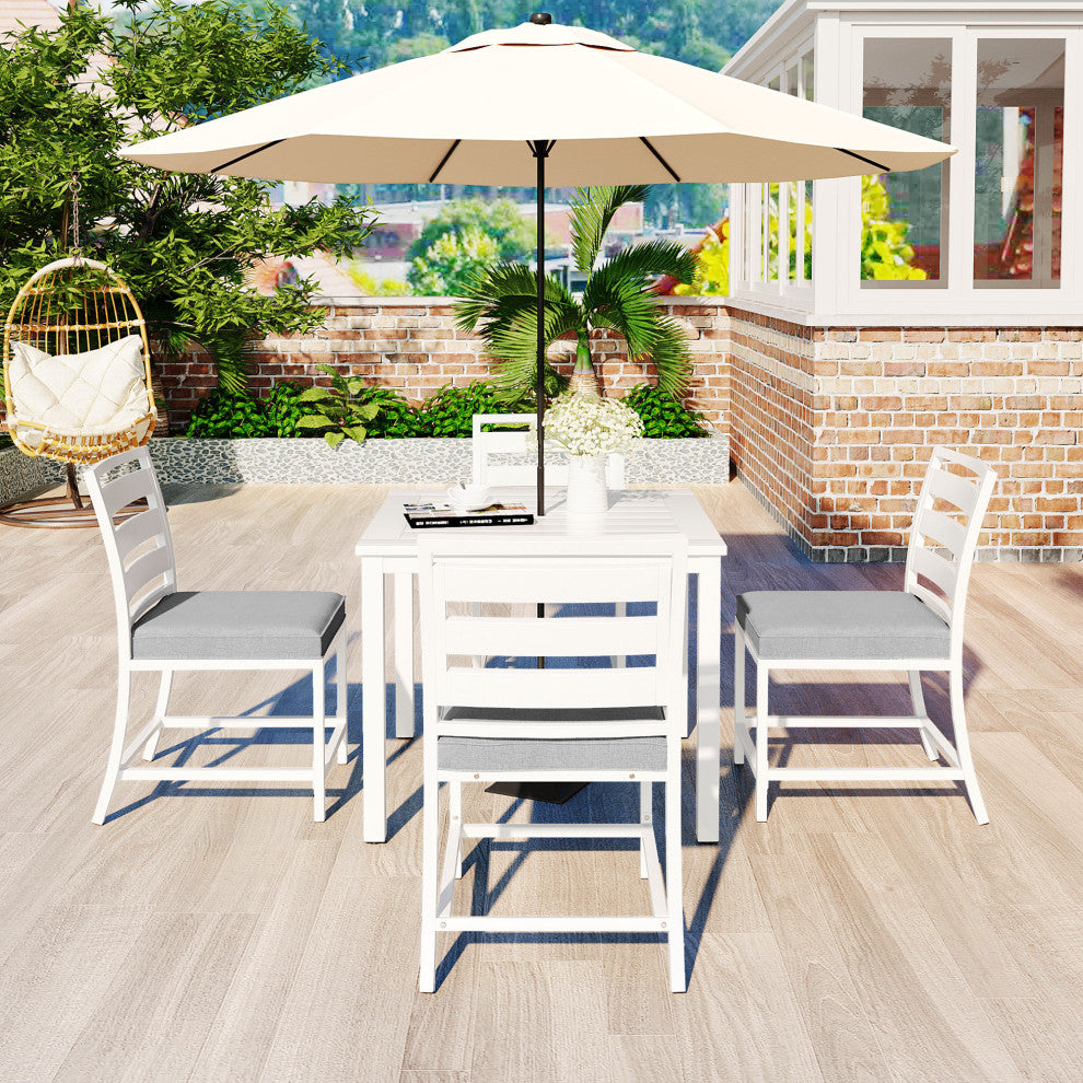 5-Piece Outdoor Steel Patio Dining Set with table and four chairs, White