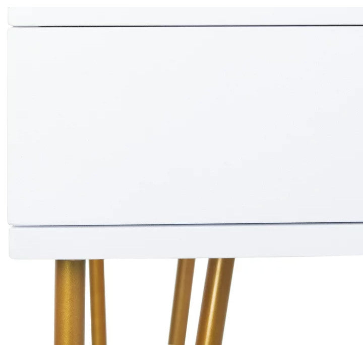 Contemporary Desk, Elegant Hairpin Legs & Handless Storage Drawers, White/Brass