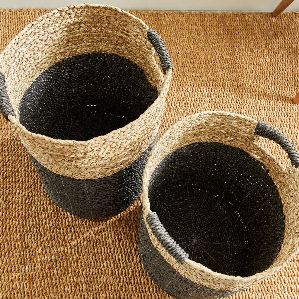 Set 2 Contemporary Casual Natural Black Round Tall Tote Baskets Handles Large