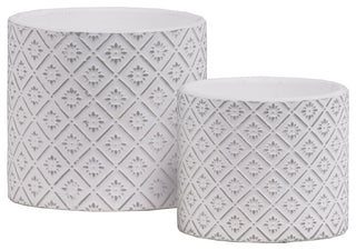 2-Piece Decorative Pot Set With Painted Embossed Lattice Floral Design, White