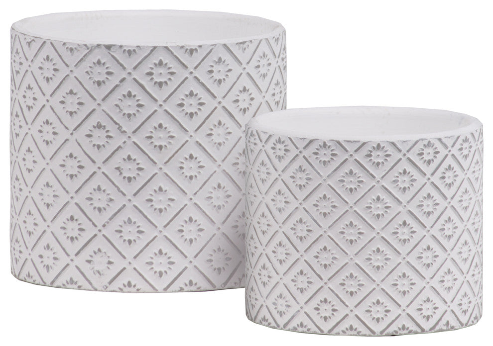 2-Piece Decorative Pot Set With Painted Embossed Lattice Floral Design, White