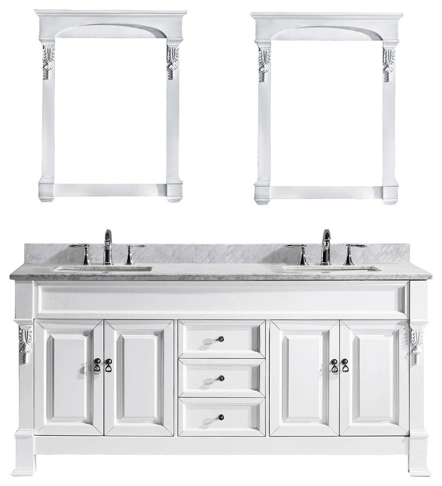 Virtu Huntshire 72" Double Bathroom Vanity, White With Marble Top, Mirrors