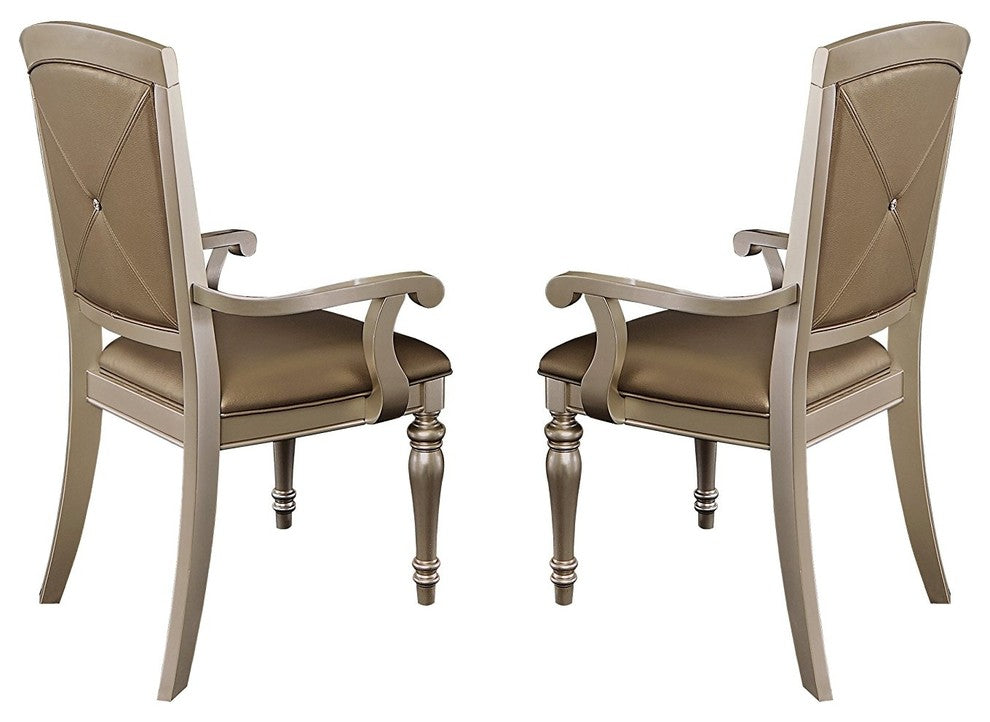 Benzara BM176309 Wood and Leather Dining Side Arm Chair , Silver, Set of 2