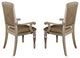 Benzara BM176309 Wood and Leather Dining Side Arm Chair , Silver, Set of 2