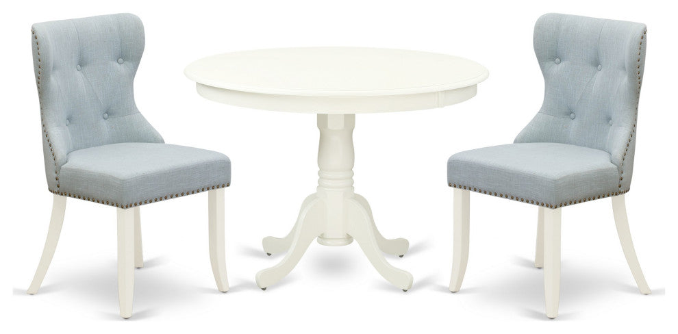 A Dining Set Of Two Parson Chairs, 42" Antique Pedestal Table, Linen White