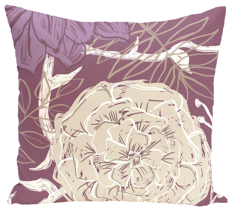 Flowers And Fronds Floral Print Pillow, Plum, 16"x16"