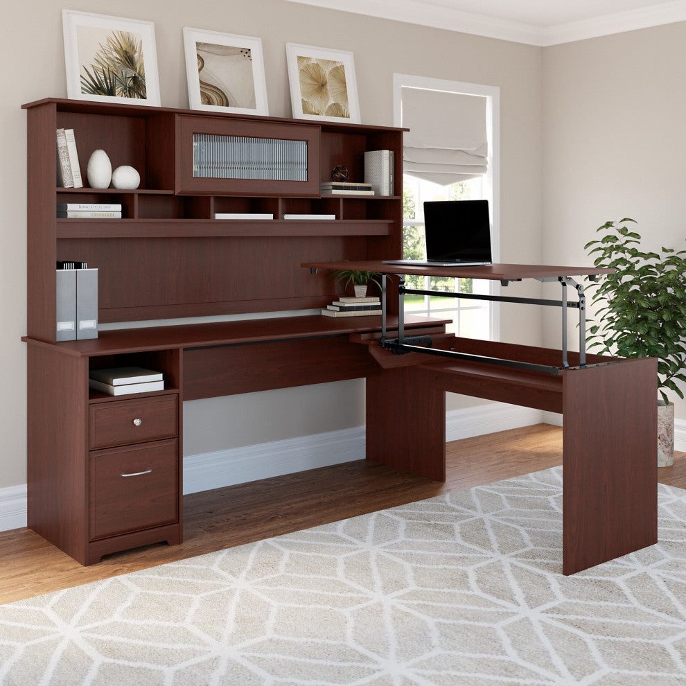 Cabot 3 Position L Shaped Sit to Stand Desk With Hutch, Harvest Cherry