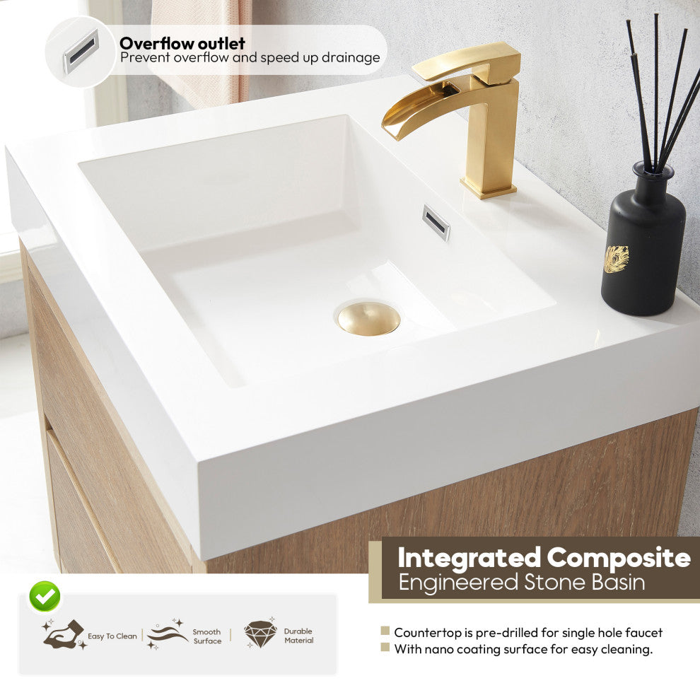 Palencia Floating Bath Vanity With Composite Stone Top, North American Oak, 24", No Mirror