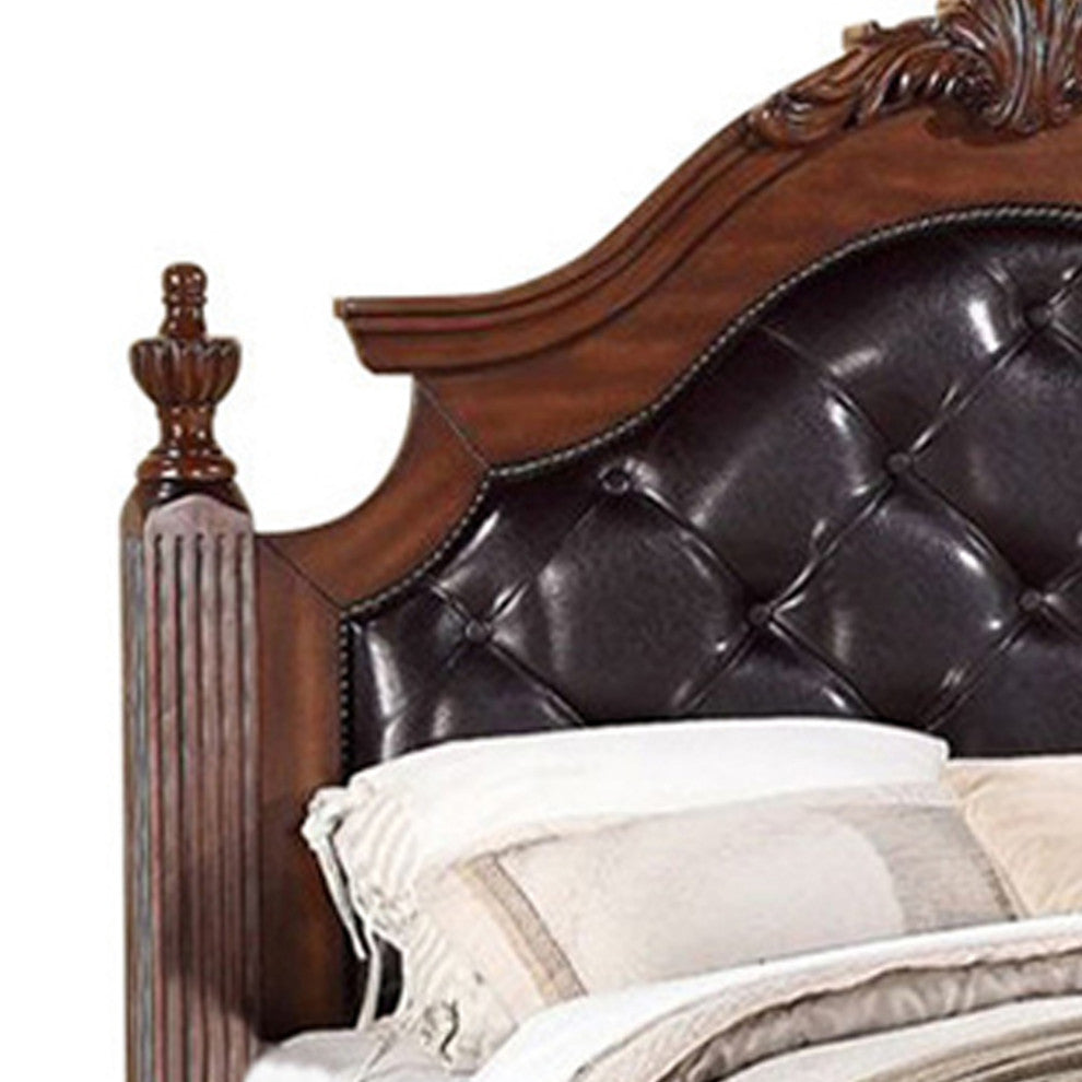 Benzara BM168583 Transitional Wooden E.King Bed With PU HB Floral Design, Finish