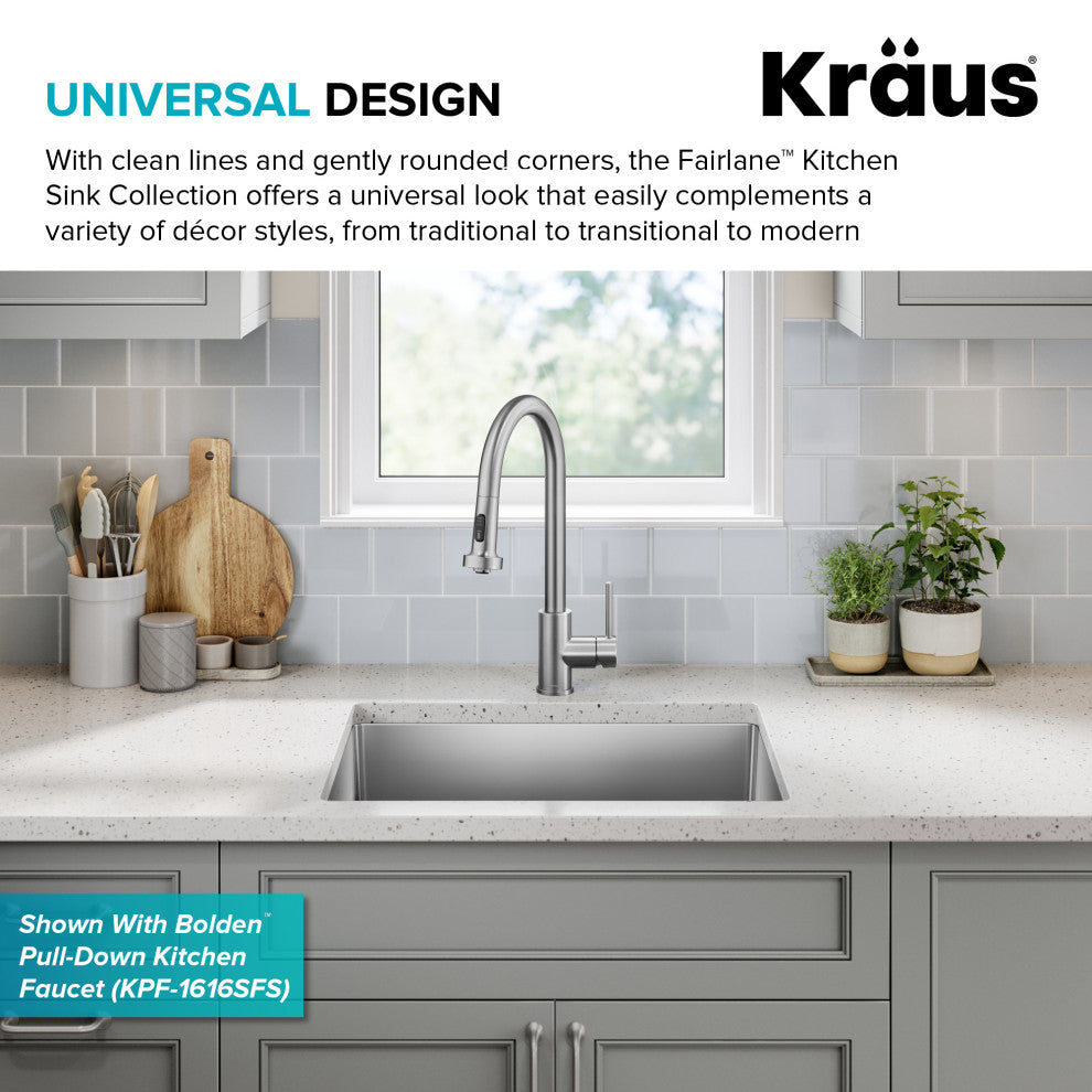 KRAUS Fairlane 25" Undermount 1-Bowl 18 Gauge Stainless Steel Kitchen Sink