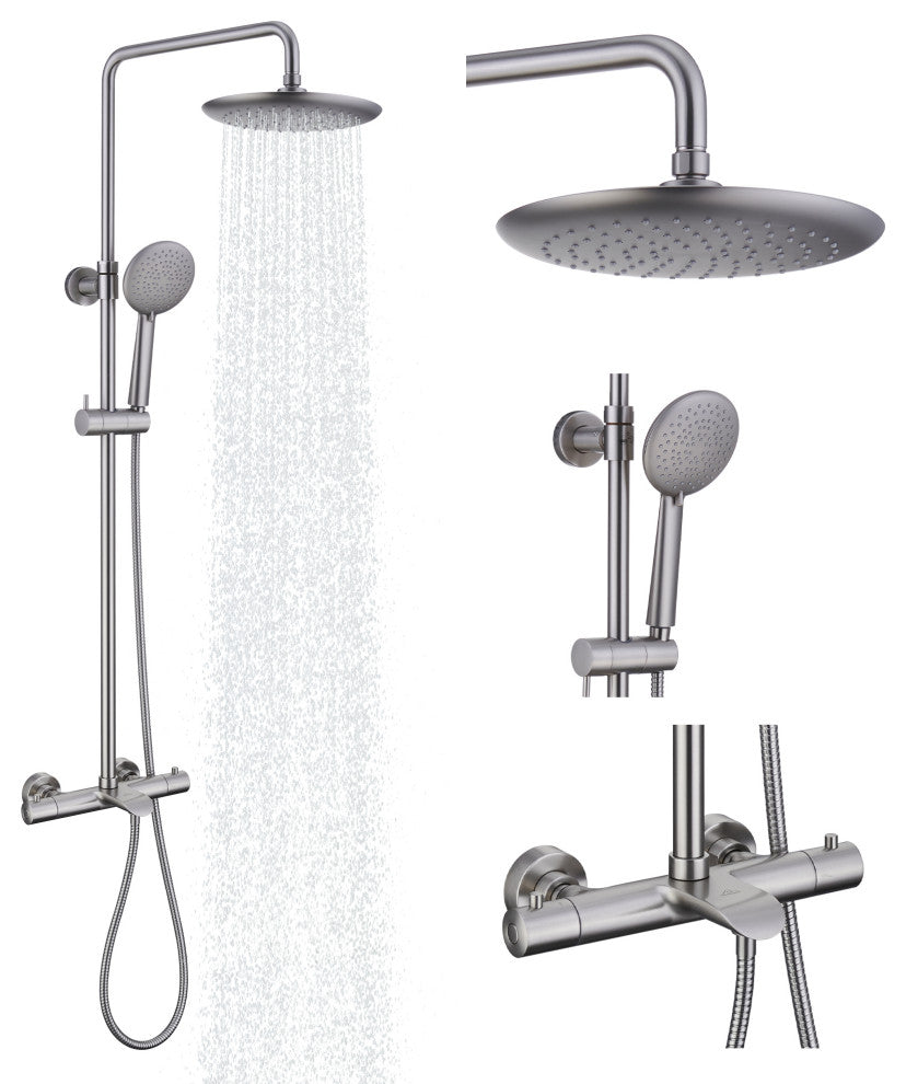 Thermostatic Round Shower Faucet Dual Head Waterfall Shower Bar System, Brushed Nickle