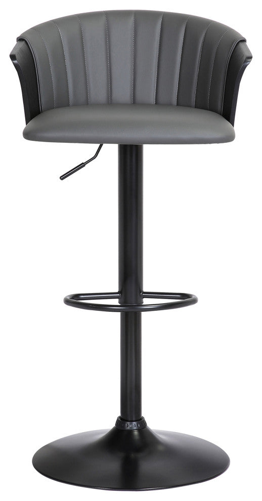 Lydia Adjustable Black Wood Bar Stool, Gray Faux Leather With Black Metal
