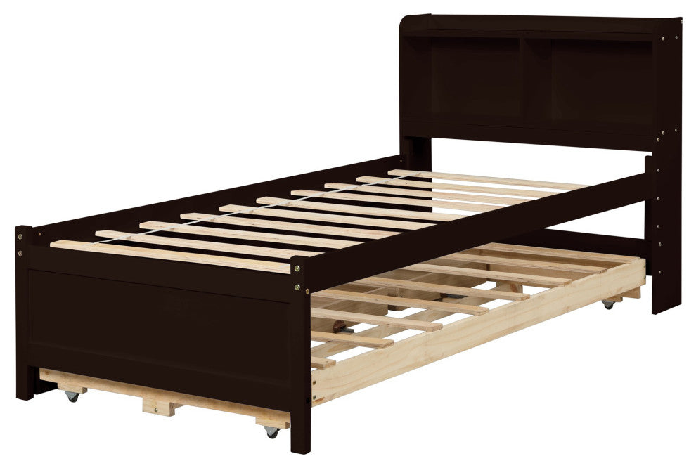 Full/Twin Wood Frame Platform Bed with Trundle and Drawers, Espresso, Twin