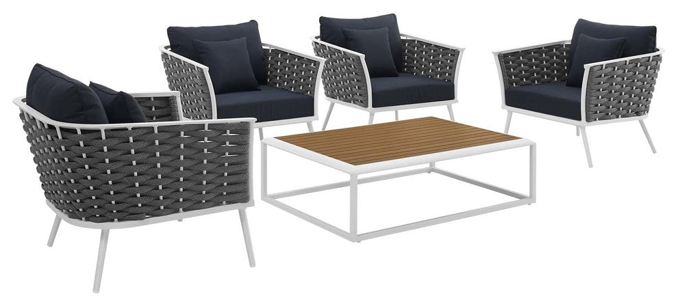 Stance 5 Piece Outdoor Patio Aluminum Sectional Sofa Set, White Navy