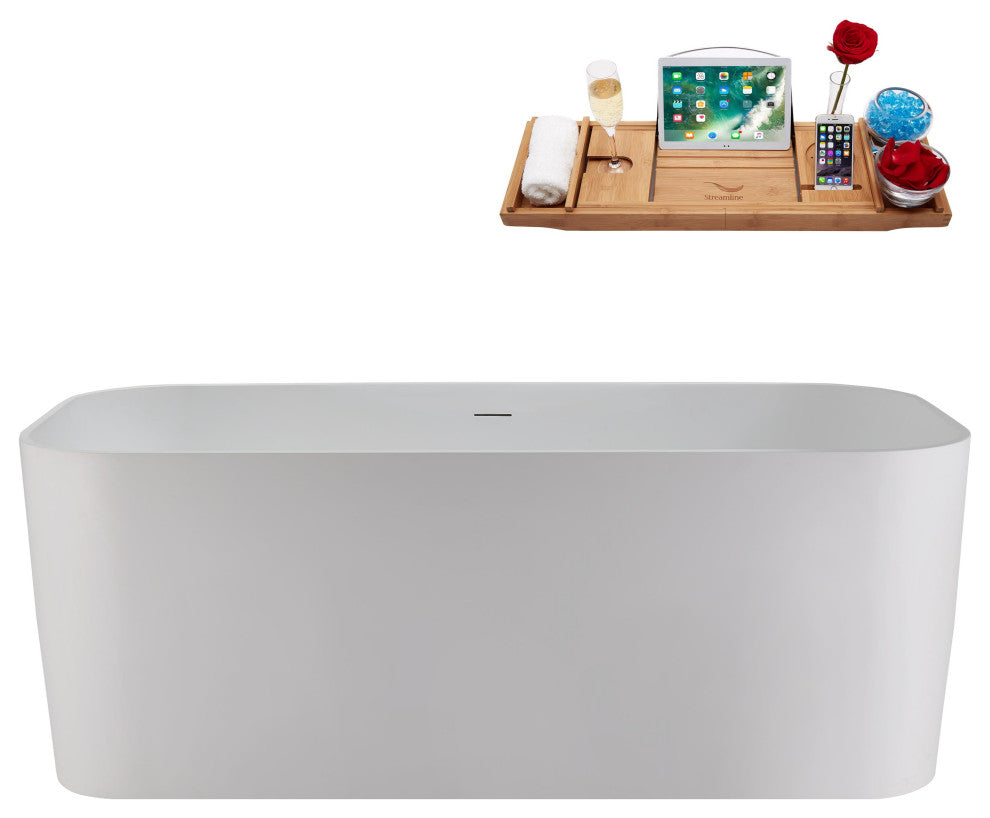 59" Streamline NS5780CH Matte White Stone Resin Bathtub, Tray With Chrome Drain