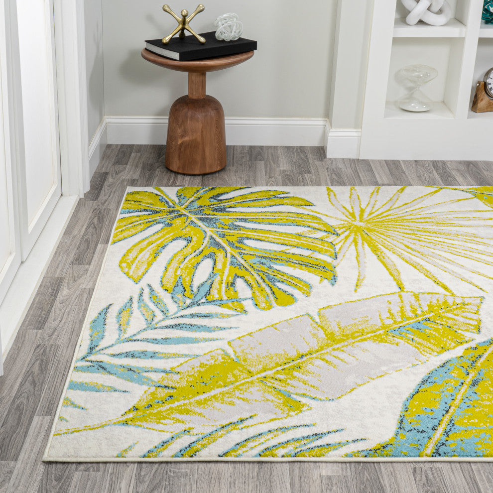 Monstera Tropical Leaves Ivory/Green 8'x10' Area Rug