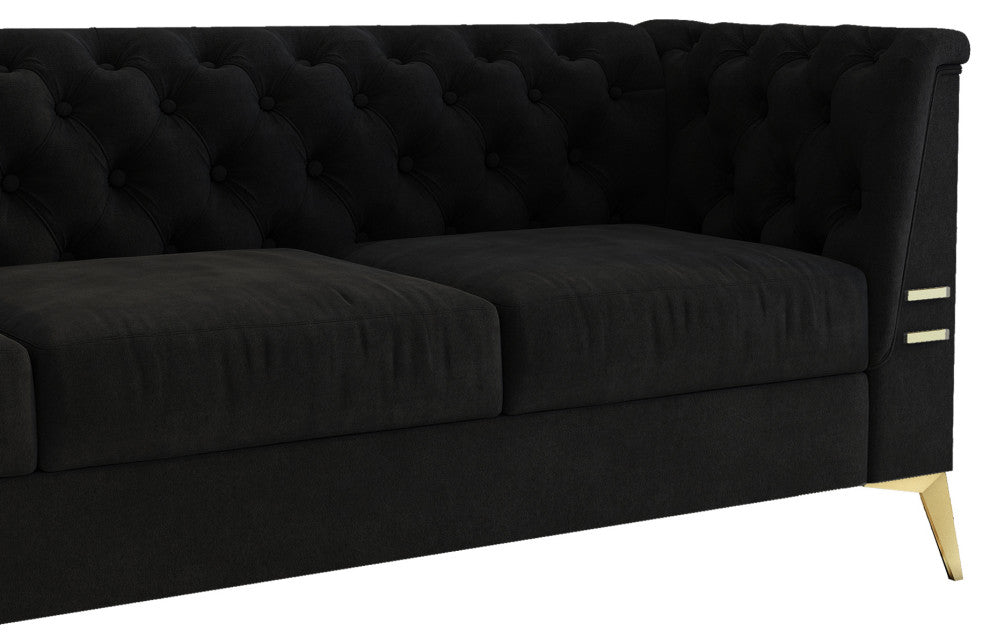 82.7'' Chesterfield Velvet Square Arm Sofa with Gold Leg, Black