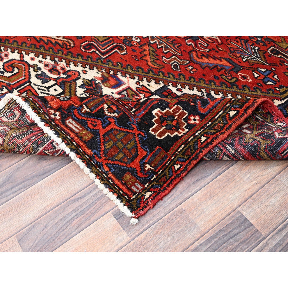 Crimson Red, Hand Knotted, Vintage Persian Heriz, Pure Wool Rug, 7'10"x11'