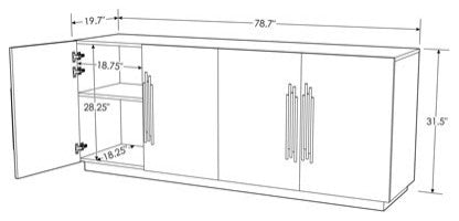 78.7" Modern Lurton Buffet Grey Lacquer Polished Stainless Steel Accent Handles