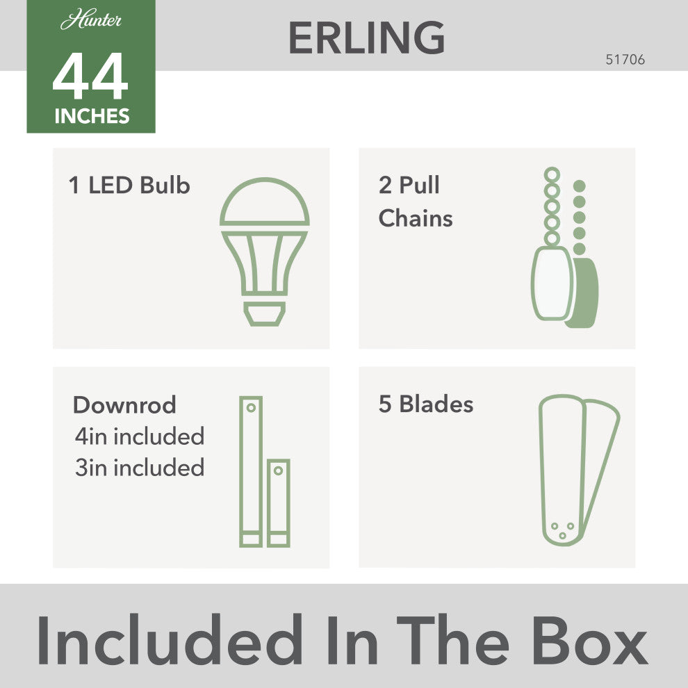 Erling Ceiling Fan, LED Light Kit and Pull Chain, Burnished Brass, 44"