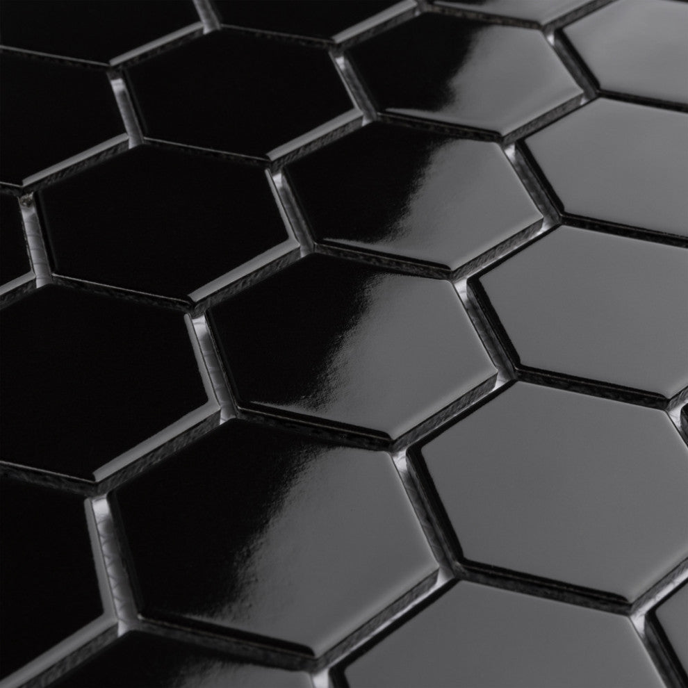 Metro 2" Hex Glossy Black Porcelain Floor and Wall Tile