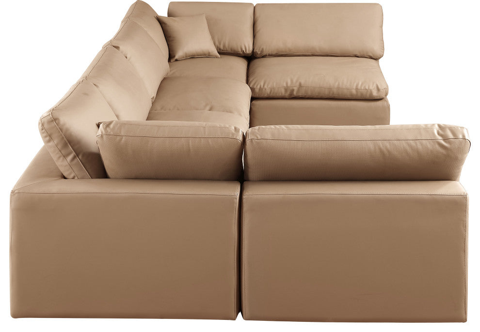 Comfy Upholstered U-Shaped Modular Sectional, Tan, 6-Piece: 4 Armless Chair, 2 Corner Chair, Vegan Leather