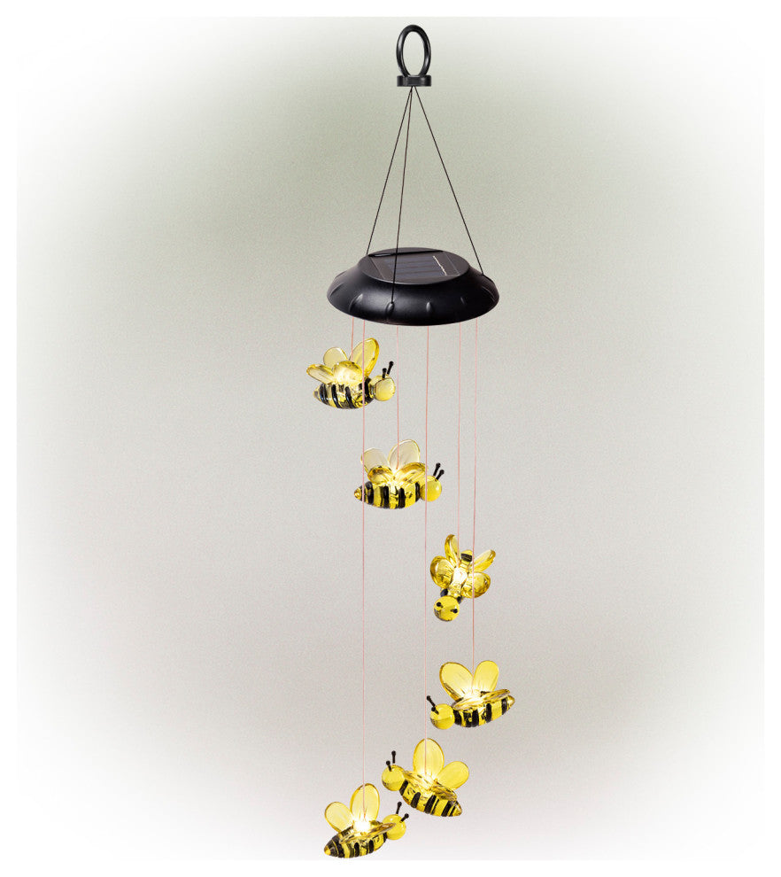 Alpine Solar Bee Wind Chime With White LED Light, 27"