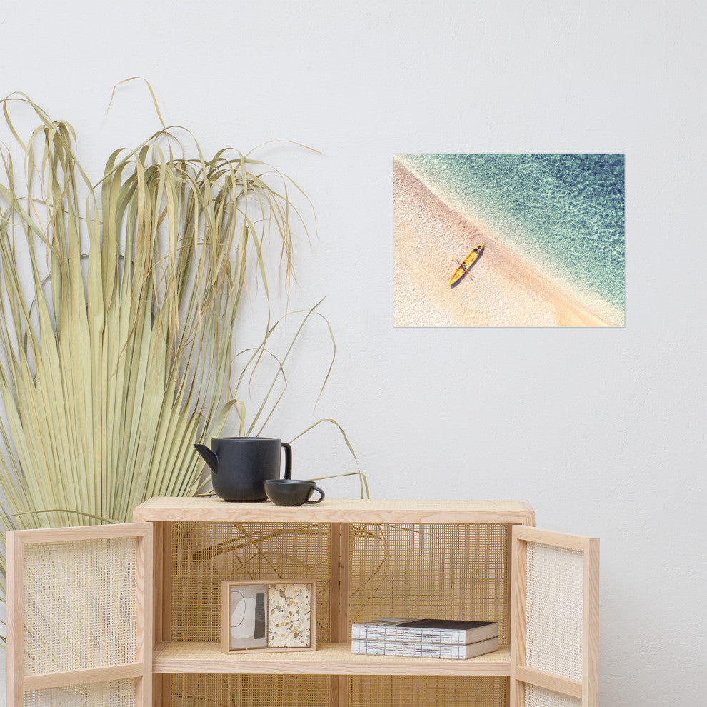 Yellow Canoe & Blue Sea with Soft Violet Effect Landscape Photo Loose Art Print, 18" X 24"