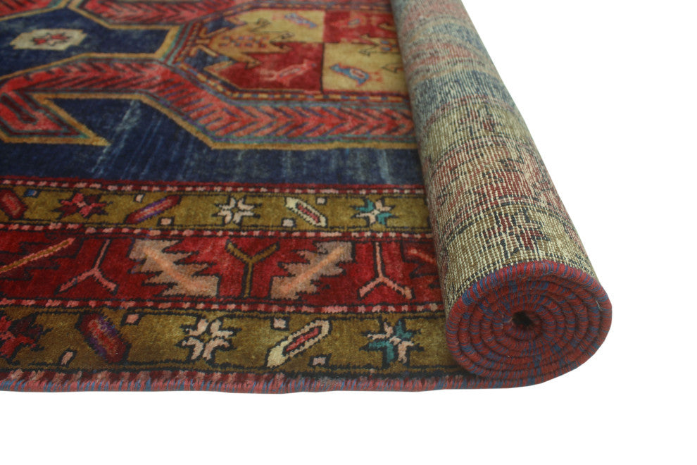 Semi-Antique Ghafur Blue/Burgundy Runner, 4'4x10'6