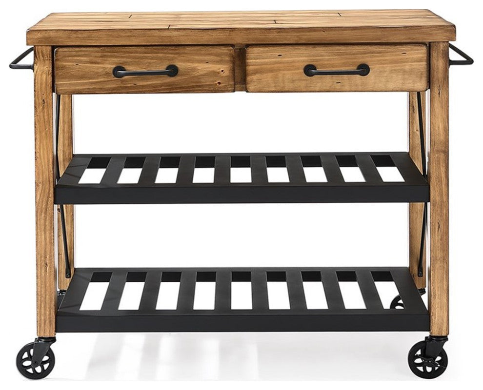 Crosley Furniture Roots Wood 2 Drawer Kitchen Cart in Natural and Black