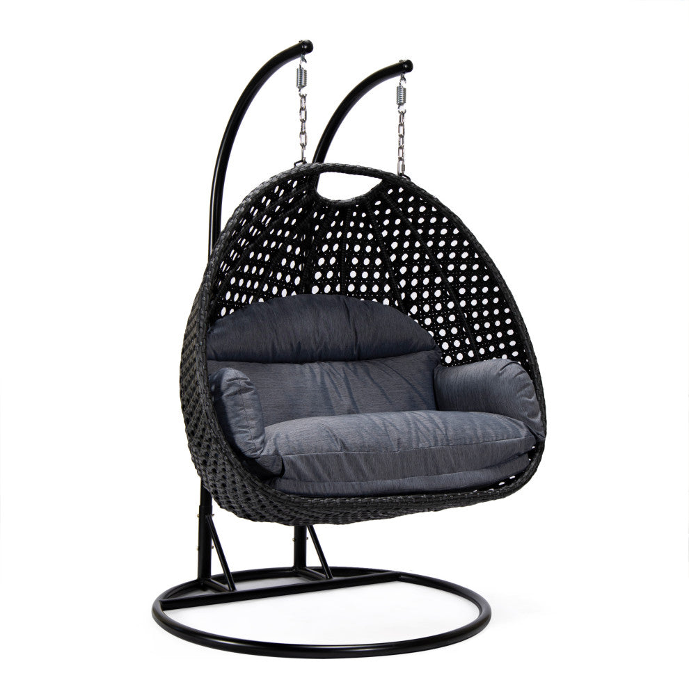 LeisureMod Mendoza Charcoal Wicker Hanging Double Egg Swing Chair, Charcoal
