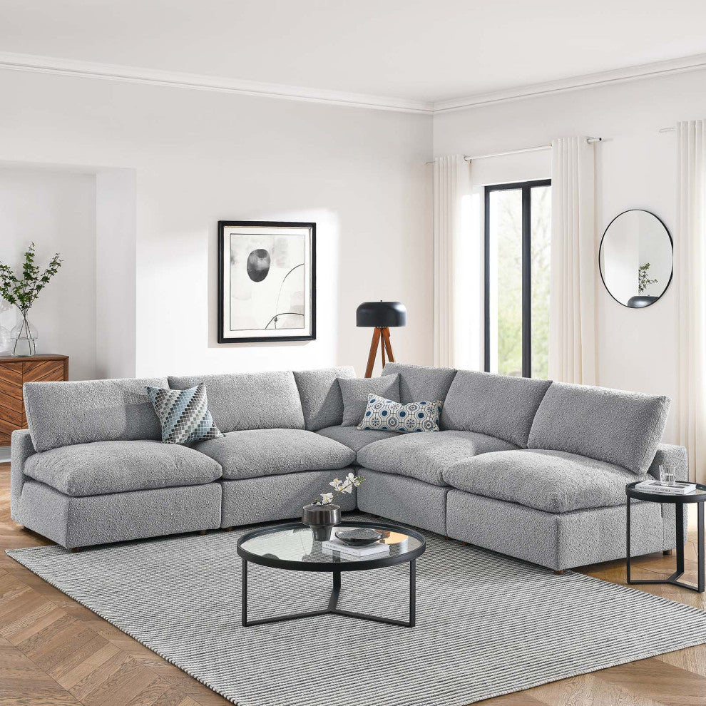Commix Down Filled Overstuffed Boucle Fabric 5-Piece Sectional Sofa, Light Gray