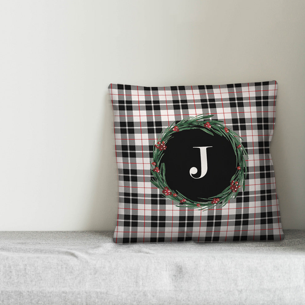 Black Plaid Monogram Wreath J 18x18 Spun Poly Pillow