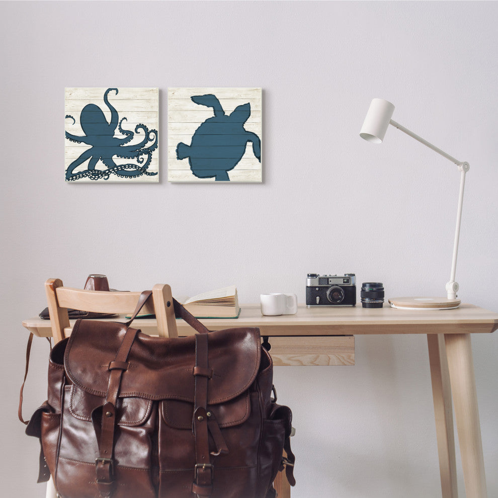 Nautical Blue Silhouette Octopus Sea Turtle Aquatic Animals,12 x 12