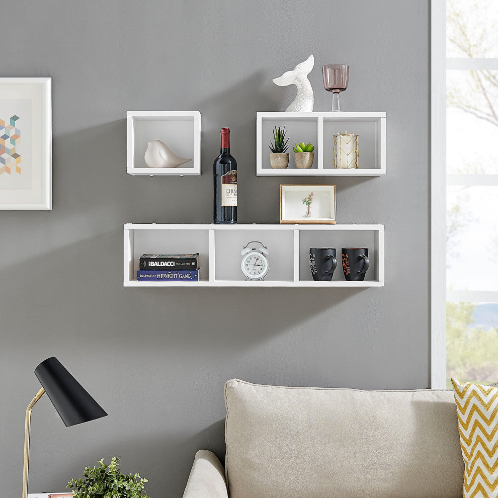 Danya B. Bauhaus Floating Geometric Cubby Wall Shelves Set of 3 Sizes, White