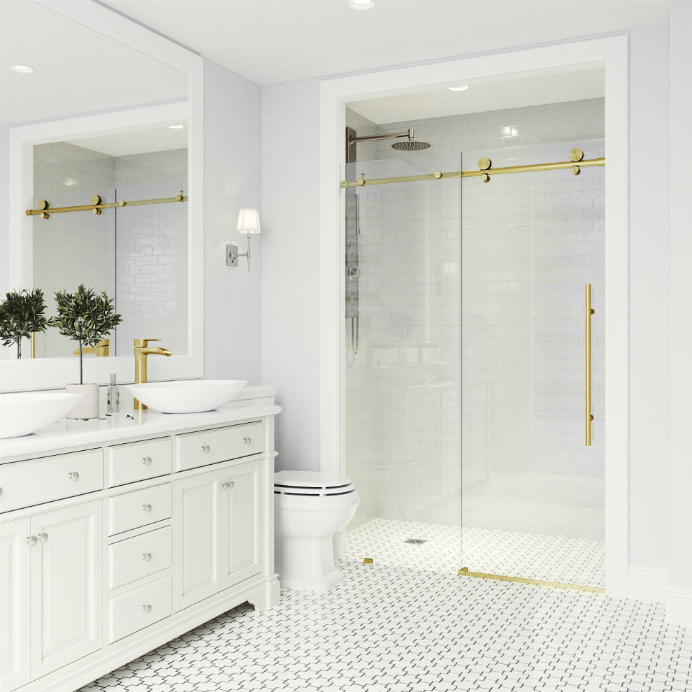 VIGO Elan E-Class 48" to 52" W x 76" H Frameless Sliding Shower Door, Matte Gold, Clear Glass