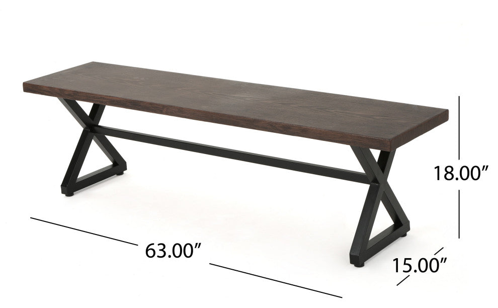 GDF Studio Rosarito Outdoor Dining Bench With Black Steel Frame, Set of 2, Brown