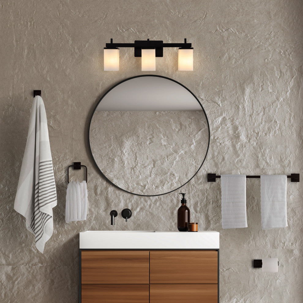 3-Light Modern Vanity, Frosted Glass Shades, Bathroom Accessory Set, 5-Piece