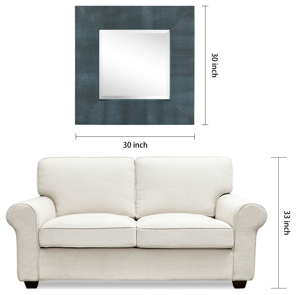 Beveled Wall Mirror, Black on Blue Metallic Shagreen Leather Framed Mirror