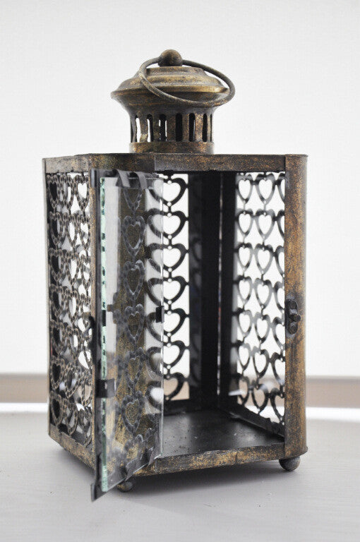 Metal Hanging Candle Lantern With Heart Pattern, Bronze