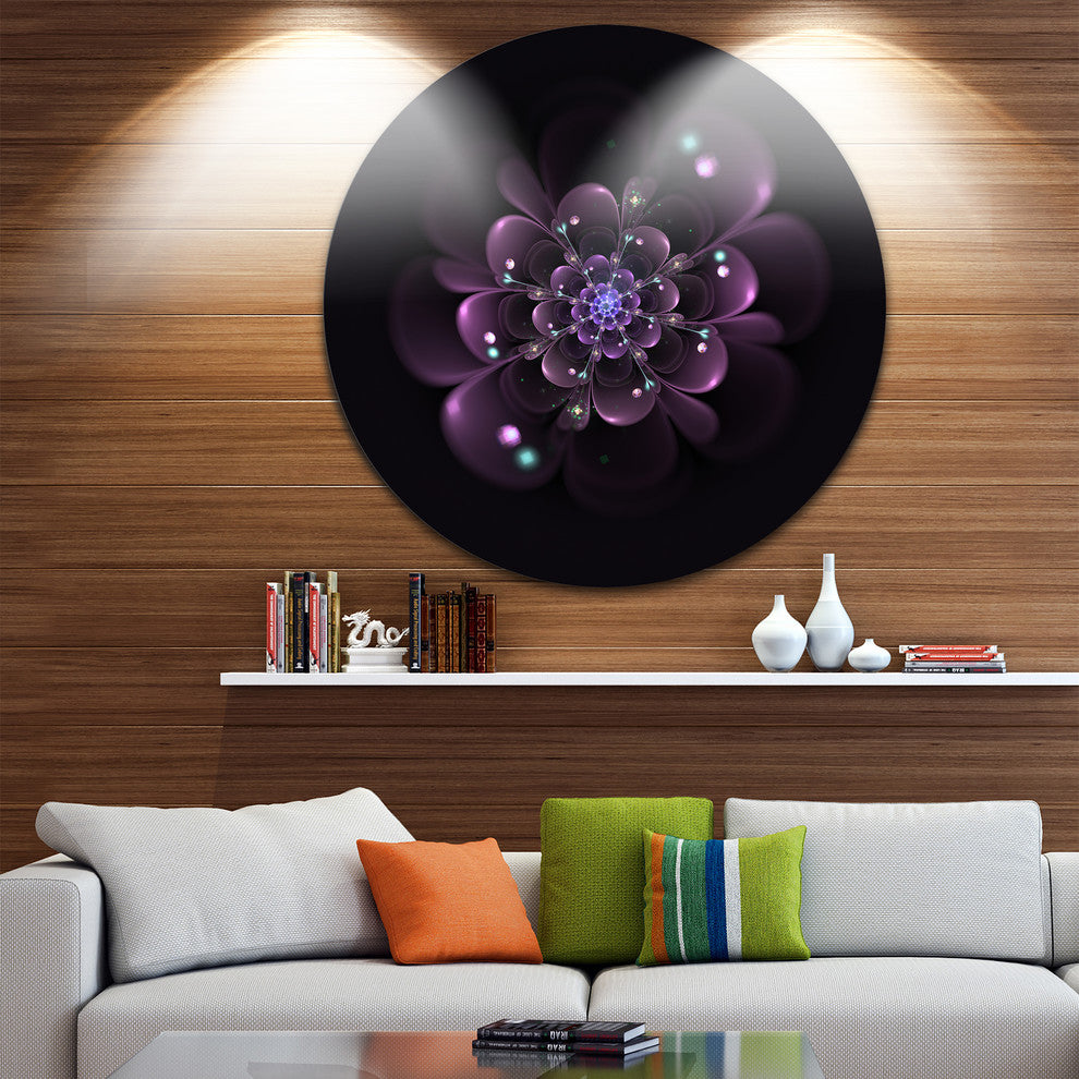 Glowing Light Purple Fractal Flower On Black, Disc Metal Wall Art, 23"