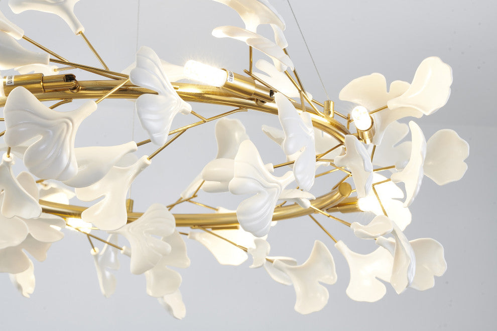 8-Light Brass Chandelier With Matte White Leaf Petals