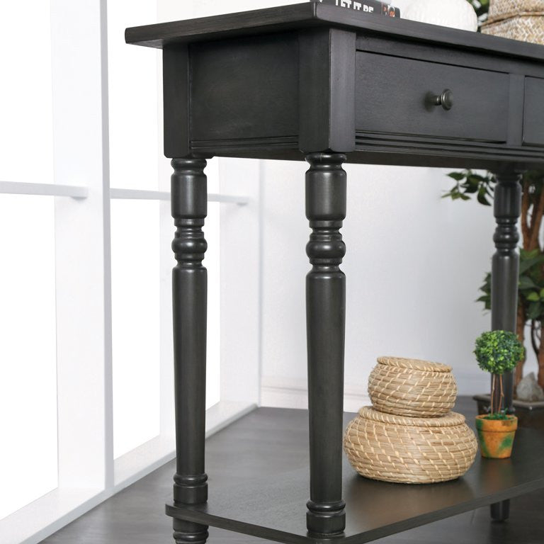 Transitional Console Table, Turned Legs With Shelf & 2 Spacious Drawers, Gray