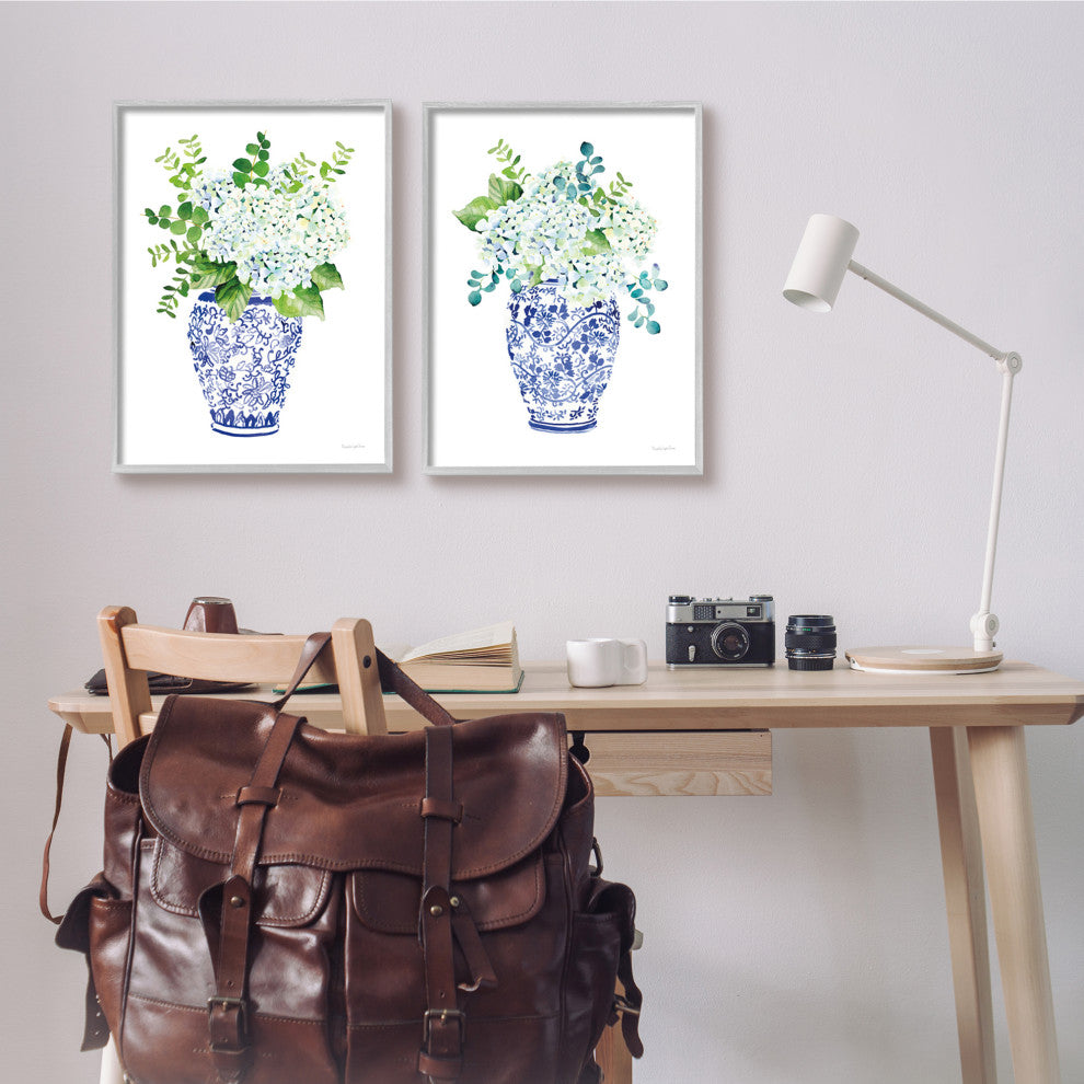 Blue Floral Bouquets Lush Green Botanicals Ornate Pot,2pc, each 16 x 20