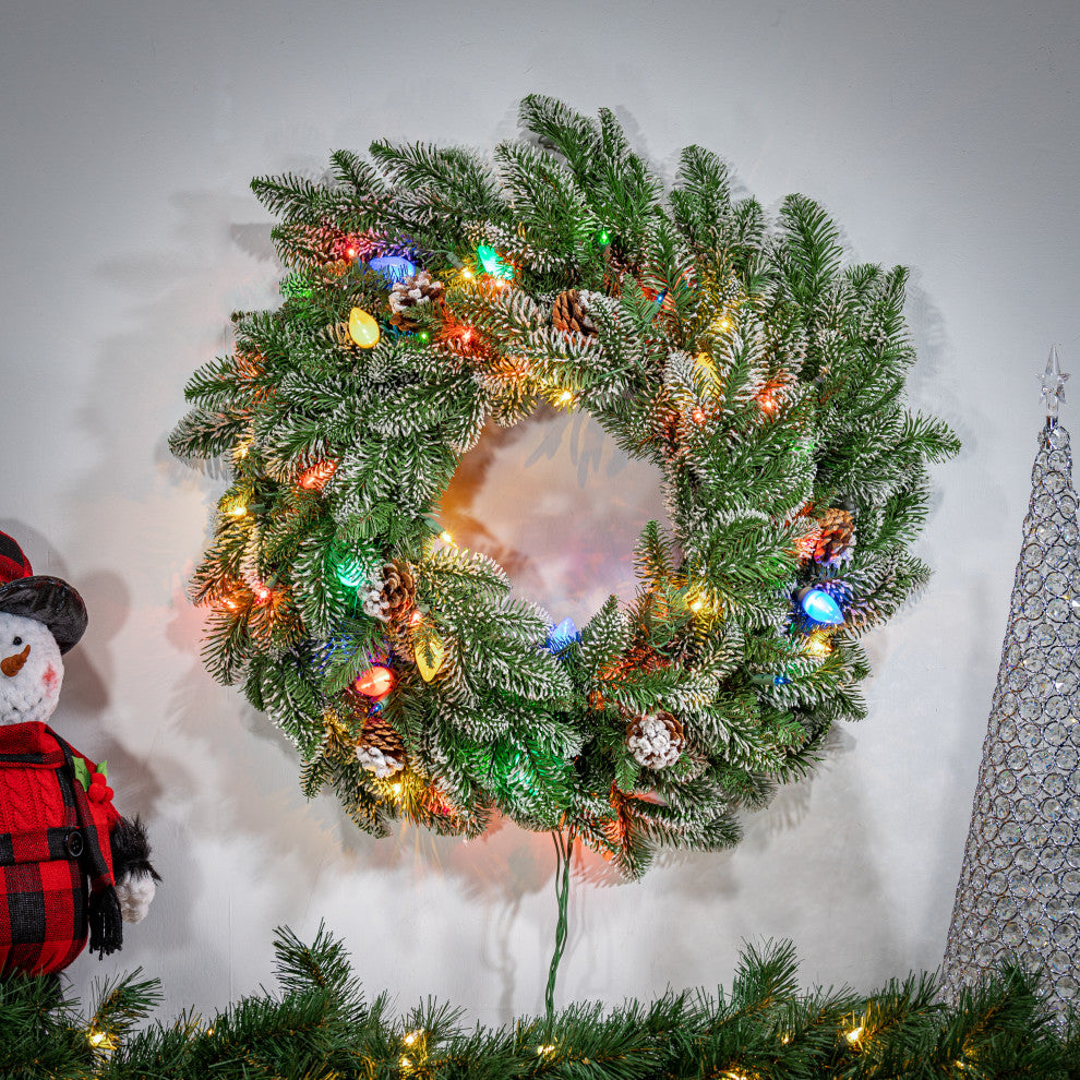 24" Lightly Flocked Smoky Mountain Wreath With Pine Cones, With assorted lights