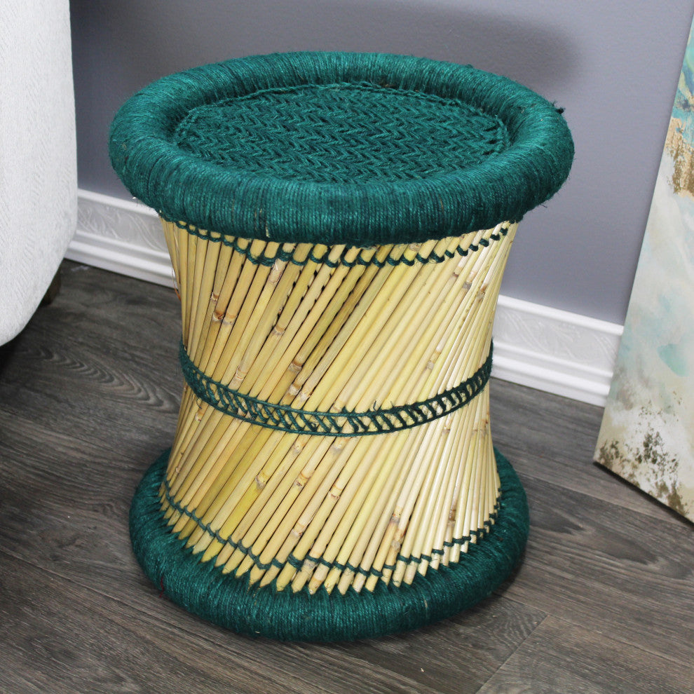Natural Geo Moray Decorative Handwoven Jute Accent Stool, Teal