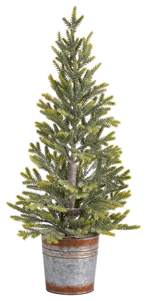26" Pine Natural Look" Christmas Tree With 35 White Lights, Rustic Metal Planter